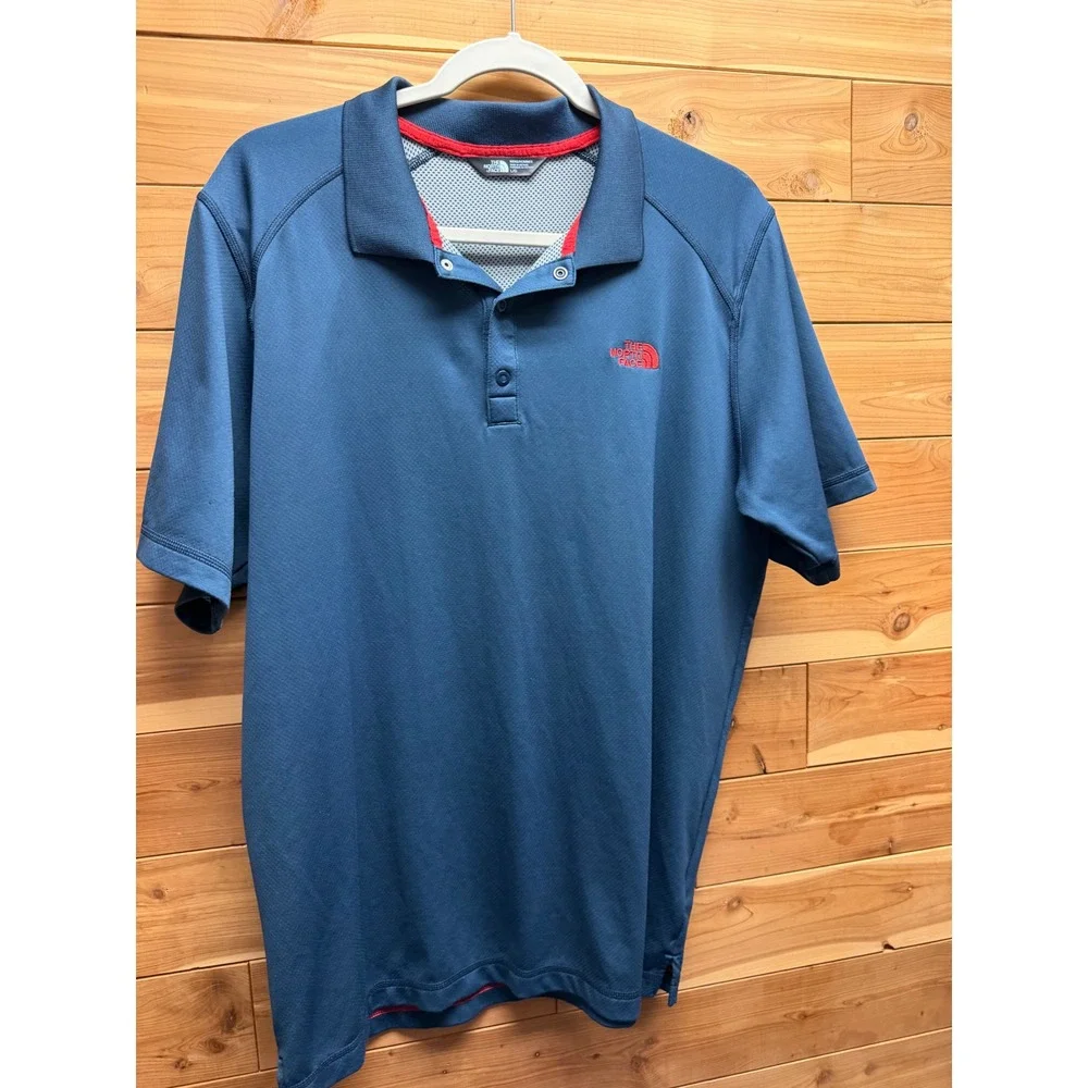 The North Face Mens Large Blue FlashDry Performance Polo Shirt Blue Red